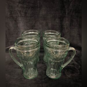 4 Vintage coca cola mugs heavy green glass w/handles